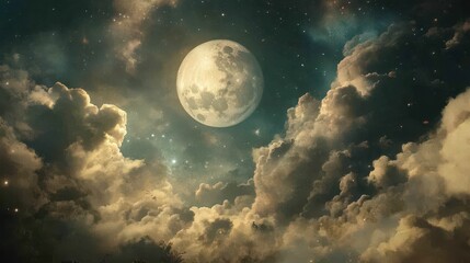 Obraz premium Full moon celestial cloudscape at night.