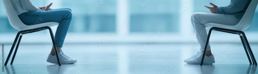 Poster two people sit facing each other on chairs, creating a sense of connection and conversation in a bri