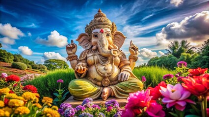 Fototapeta premium Majestic Panoramic View of an Indian God Ganesh Statue Surrounded by Lush Gardens and Colorful Flowers, Capturing the Essence of Divine Blessings and Cultural Heritage