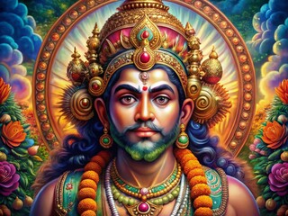 Fototapeta premium Majestic Portrait Photography of Anjaneya with Vibrant Colors and Intricate Details, Perfect for Spiritual and Cultural Wallpapers