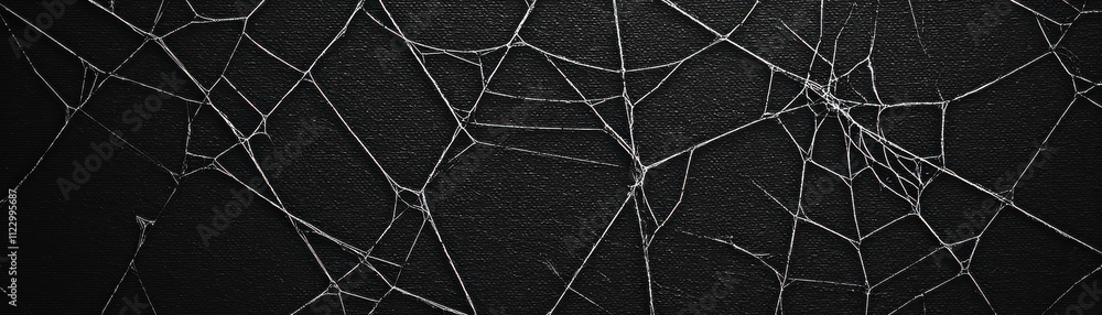Poster a dark, textured surface with intricate, white spiderweb patterns creating a striking contrast.