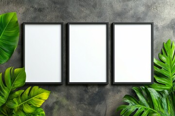 Three empty picture frames on a textured background surrounded by vibrant green leaves create a fresh and artistic vibe. trending mockup design