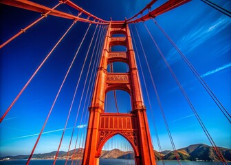 Fototapeta premium Majestic View of the Towering Red Structure of the Golden Gate Bridge from the Deck with Blue Sky and Vertical Cables, Emphasizing San Francisco's Iconic Landscape