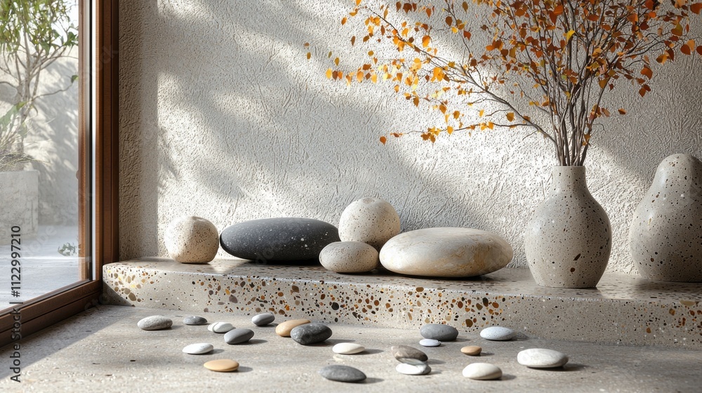 Poster in a calming space, smooth stones and a delicate vase adorned with autumn leaves create harmony thro