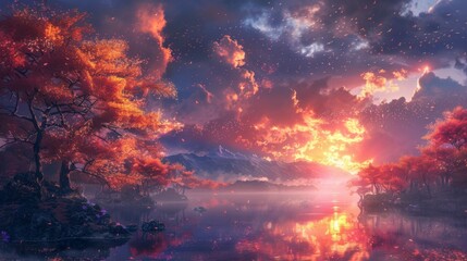 A beautiful landscape with a sunset in the background