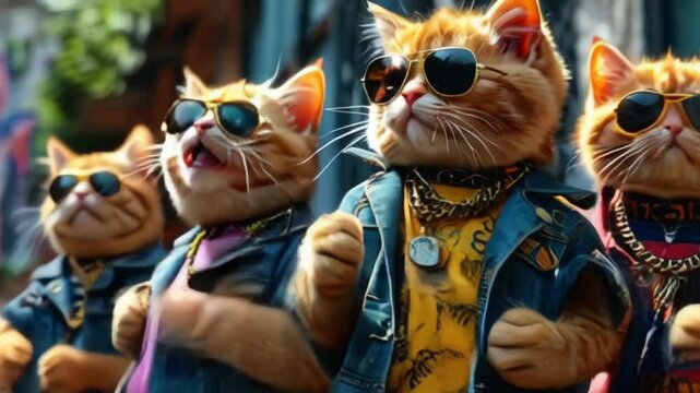 group of trendy fluffy cats in sunglasses chains and jewelry dancing on a city street. generation AI.