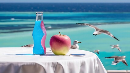 Blue and pink apple soda on a beautiful sea view
