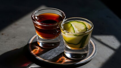 Pickleback alcoholic cocktail made from cucumber pickle and whiskey in small shot glasses hard light and shadows