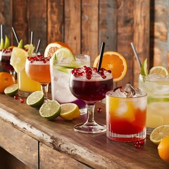 Cocktail with lemon and ice cubes on wooden table in bar