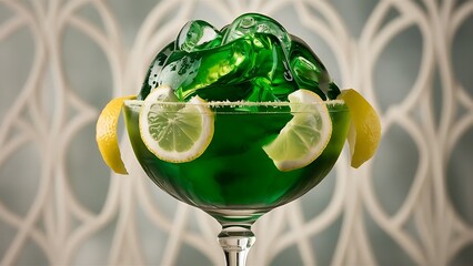 A glass of green cocktail with lemon slices
