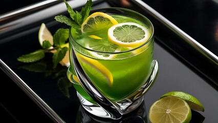 A glass of green cocktail with lemon slices