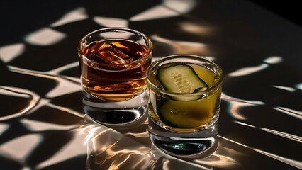 Pickleback alcoholic cocktail made from cucumber pickle and whiskey in small shot glasses hard light and shadows