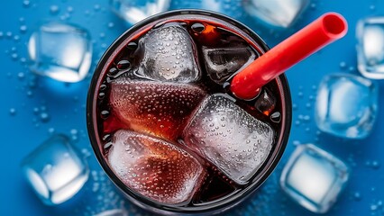 Glass of refreshing soda drink with ice cubes and straw on blue background closeup