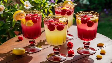 Glasses of fresh raspberry lemonade on wooden table