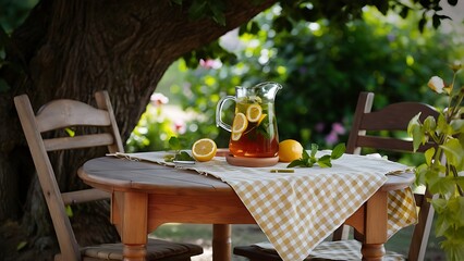Iced tea with lemon and mint on a wooden table in the garden