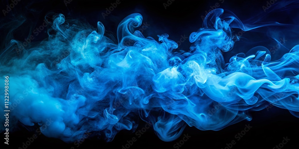 Poster mesmerizing abstract fog and smoke effect in blue neon against a deep black background, creating a s