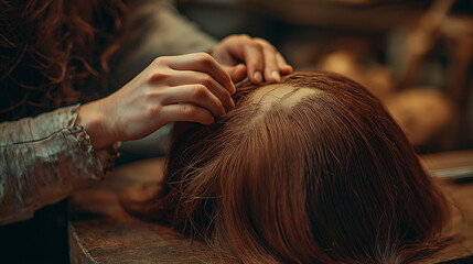 Naklejka premium Artisan weaves strands of natural hair to create intricate hairstyles in a traditional workshop setting
