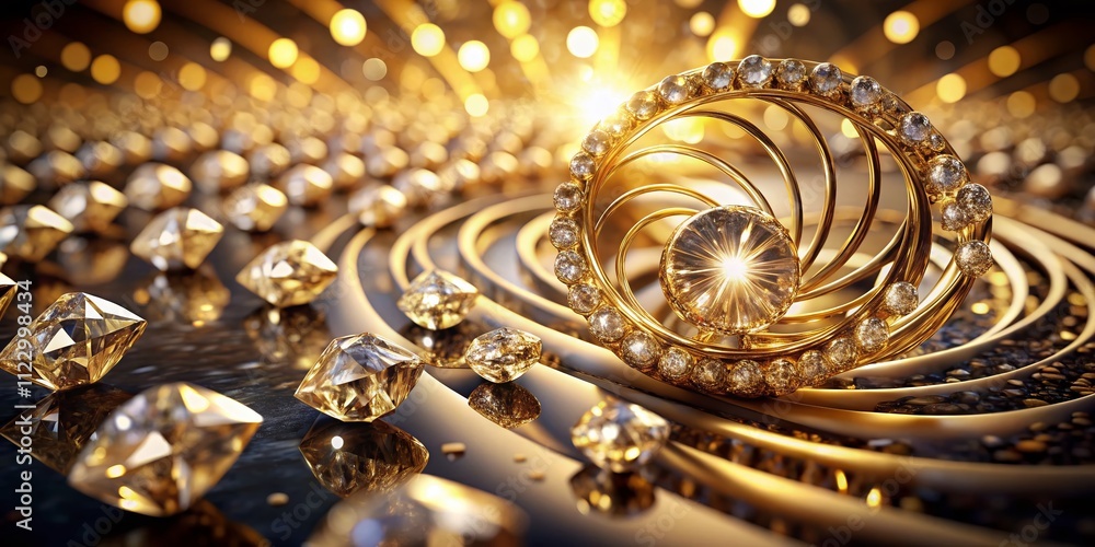 Poster mesmerizing gold diamond shapes rotating in a dynamic spiral formation emphasizing depth and eleganc