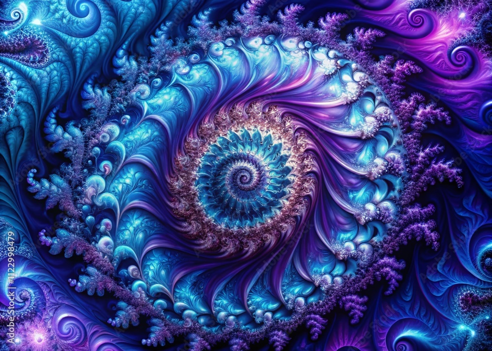 Poster mesmerizing intricate swirling fractal pattern in deep purple and blue tones for abstract art and de
