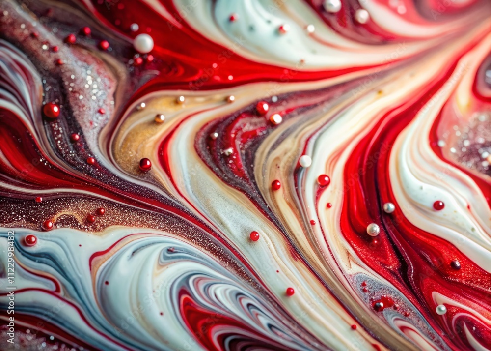 Poster mesmerizing long exposure of acrylic fluid spill creating liquid marble texture with white and red p