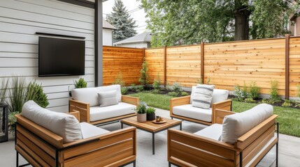 Modern outdoor patio area with comfortable seating, flat-screen TV, and wooden fence.