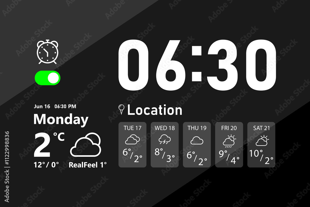 Poster digital modern alarm clock interface with electronic digits. clock icon. vector illustration