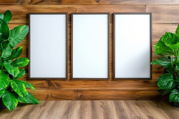 Three empty frames on a wooden wall, surrounded by lush green plants, creating an inviting and modern atmosphere. trending mockup design