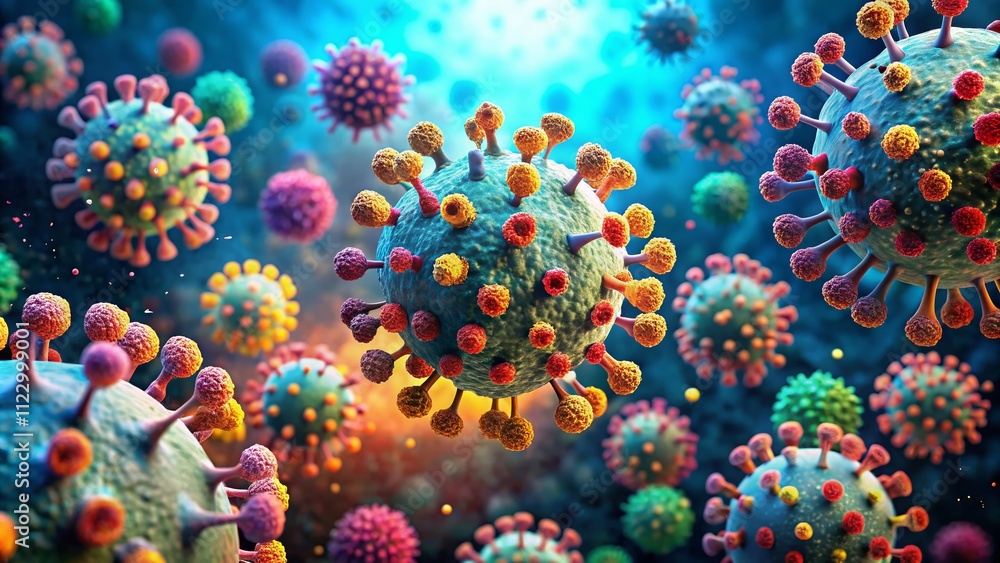 Aufkleber microscopic view of coronavirus cells in human body system - 3d rendered visualization of viral stru