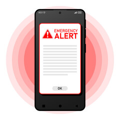 Receiving emergency alert on phone device with warning notification. Flat vector illustration