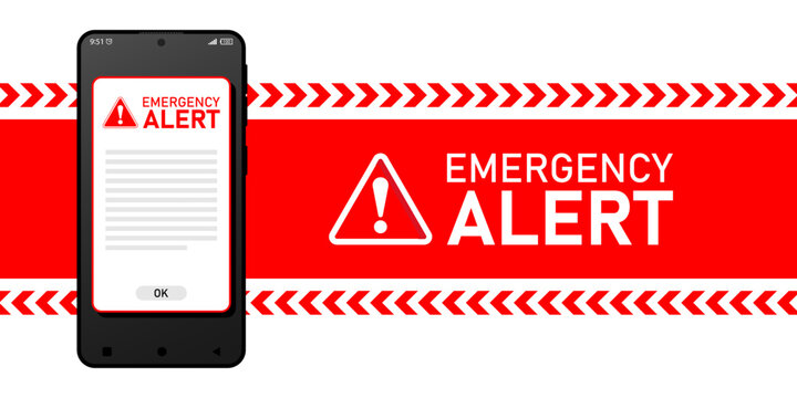 Receiving emergency alert on phone device with warning notification. Flat vector illustration
