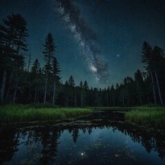 A forest clearing with a small pond reflecting the starry night sky.