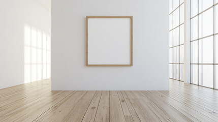 Hyper-Realistic Poster Mockup of Blank Wall Art on White Wall with Light Wood Frame