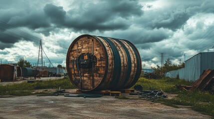 Obraz premium A large, empty wooden cable drum placed in an open industrial yard with scattered tools and a cloudy sky.