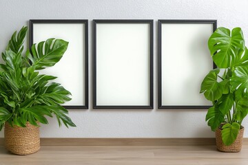 A modern interior design featuring three empty black frames on a light wall, accompanied by lush green plants in woven baskets, creating a serene atmosphere. trending mockup design