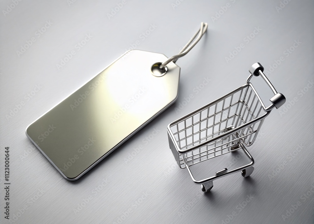 Poster minimalist chrome price tag sale label on a simple background with an add to cart button for e-comme