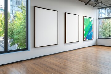A spacious art gallery featuring three frames, two empty and one vibrant abstract piece. The setting is bright with large windows overlooking greenery. trending mockup design