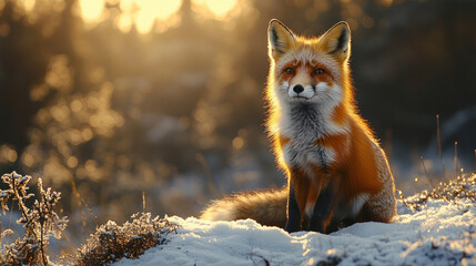 Obraz premium A close-up of a red fox sitting on a snow-covered hill, its fur glowing warmly in the soft sunlight