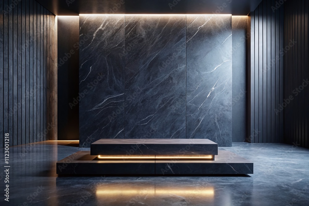 Poster minimalist dark marble platform in an empty room with textured walls, soft lighting creating a moody
