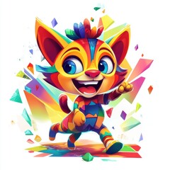 Fototapeta premium Cheerful cartoon cat mascot, vibrant colors, dynamic pose, celebratory, playful, running, illustration