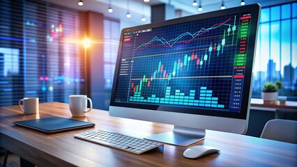 Fototapeta premium Minimalist Digital Technology in Finance: A Computer Analyzing Stock Market Algorithms for Enhanced Investment Growth and Financial Success
