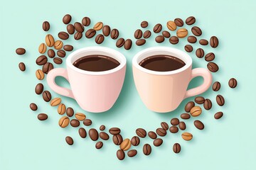 Obraz premium Two coffee cups surrounded by coffee beans, forming a heart shape, ideal for romantic or cozy themes.
