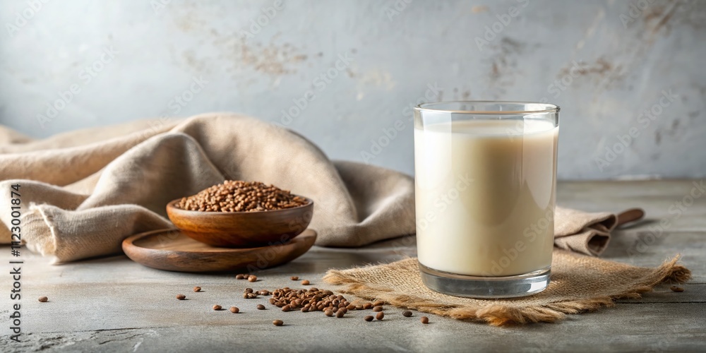 Aufkleber minimalist flax milk presentation in natural setting with soft lighting and subtle textures, showcas