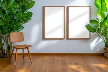 A cozy interior featuring a wooden chair, two empty frames on the wall, and large green leaves, creating a calm and inviting atmosphere. trending mockup design