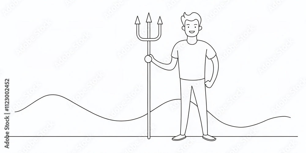 Poster minimalistic black and white continuous line art of a cartoon man with a trident, perfect for modern