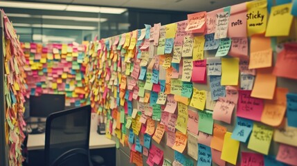 A Colorful Chaos of Sticky Notes: Office Cubicle Covered in Reminders and Ideas