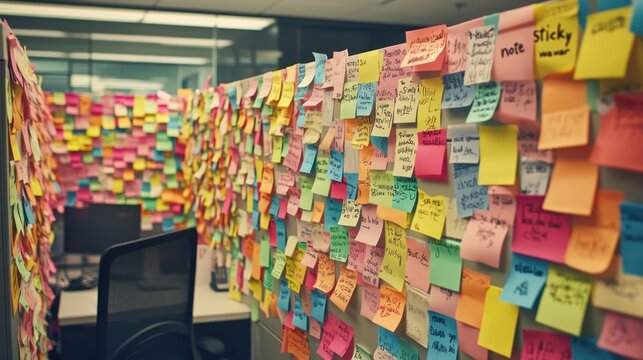 A Colorful Chaos of Sticky Notes: Office Cubicle Covered in Reminders and Ideas