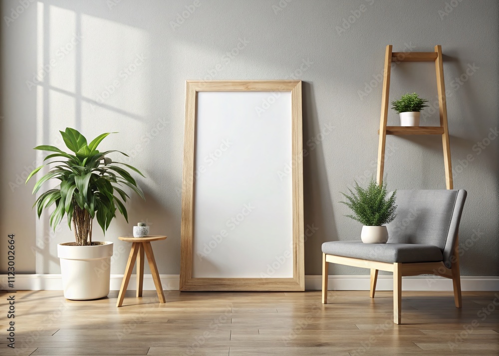 Poster minimalistic interior frame mockup for vertical poster display in 3d rendering with wooden elements 