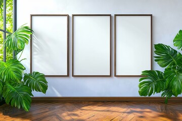 Three empty frames against a bright wall with lush greenery, creating a fresh and inviting atmosphere in a modern interior space. trending mockup design