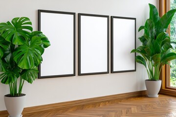 A modern living room featuring three empty frames on the wall, flanked by lush green plants, creating a fresh and inviting atmosphere. trending mockup design