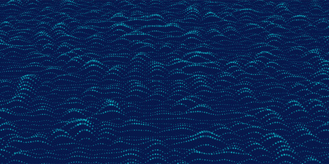 Points in lines wavy on noise surface. Abstract dots on dark blue background. Technology cyberspace concept.